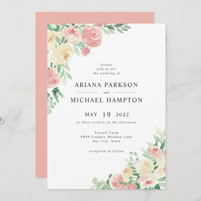 Blush Pink Floral wedding invitation 4196 (Front/Back)