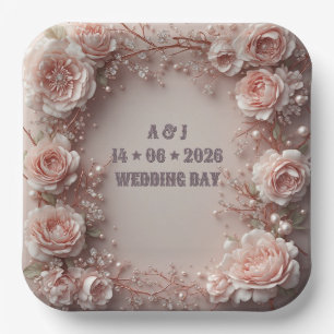 Blush Pink Floral Wedding Romantic Roses Paper Plate