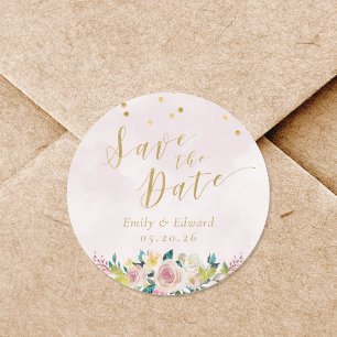 Blush Pink Floral Wedding Save the Date Classic Round Sticker