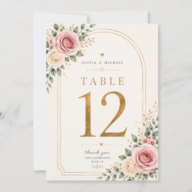 Blush Pink Floral Wedding Table Number Cards | Wat (Front)