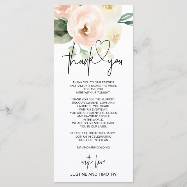 Blush Pink Floral Wedding Thank You Table Setting Menu (Front)