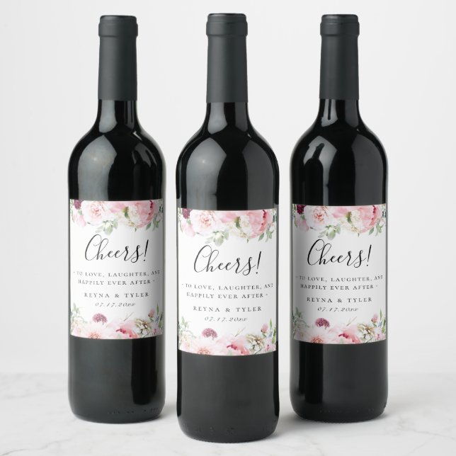 Blush Pink Floral Wedding Wine Label (Bottles)