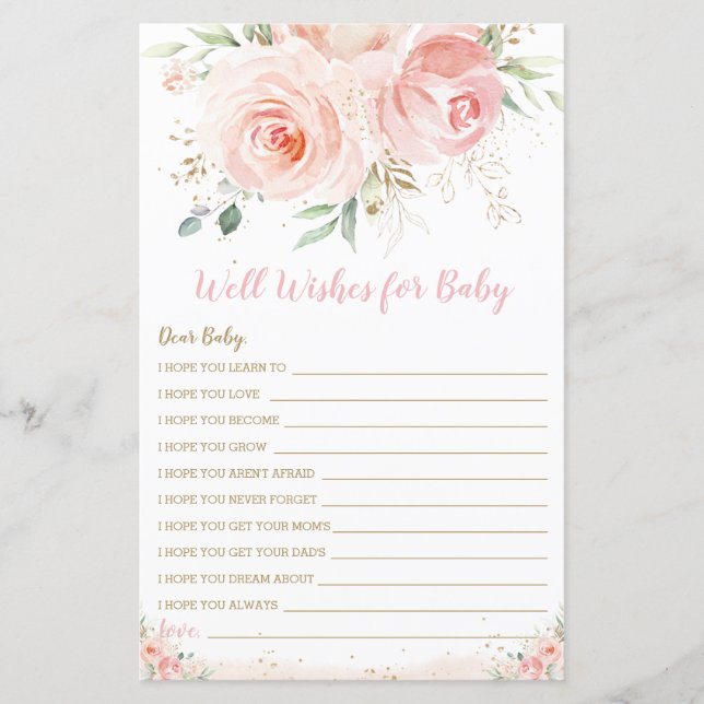 Blush Pink Floral Well Wishes for Baby Shower Game (Front)