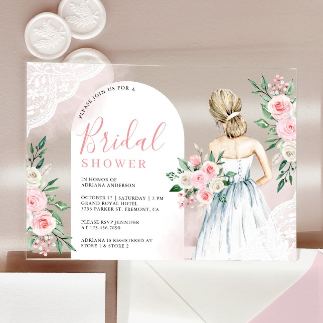 Blush Pink Floral White Lace Dress Bridal Shower Acrylic Invitations (Creator Uploaded)