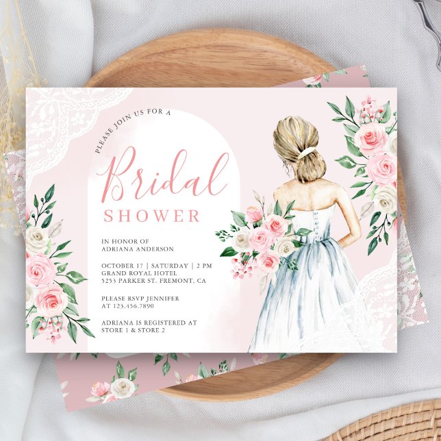 Blush Pink Floral White Lace Dress Bridal Shower Invitation (Creator Uploaded)