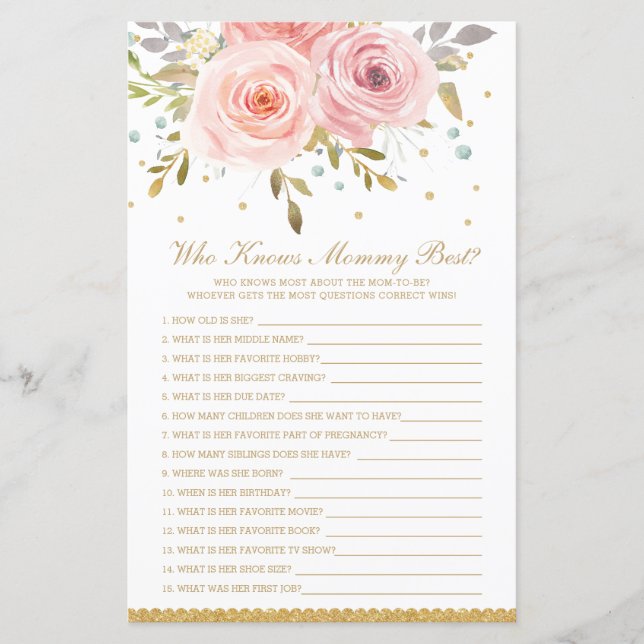 Blush Pink Floral Who Knows Mummy Best Shower Game (Front)