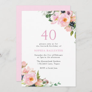 Blush Pink Floral Womans 40th Birthday Party Invitation
