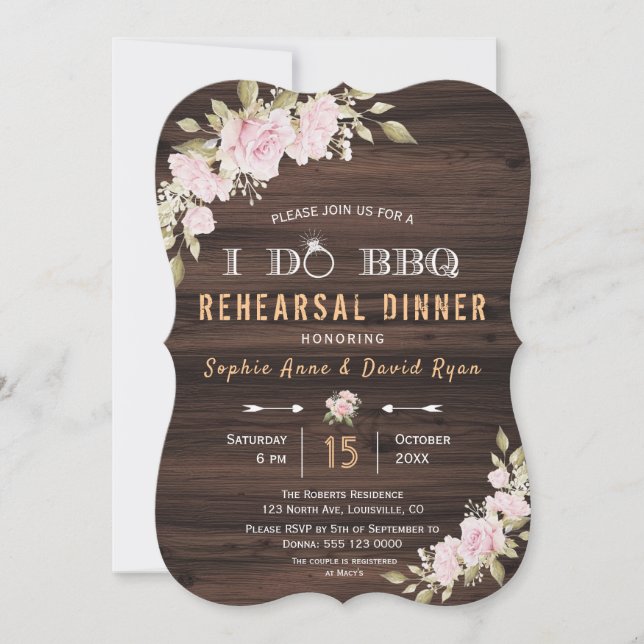Blush Pink Floral Wood I DO BBQ Rehearsal Dinner Invitation (Front)