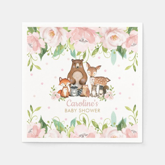 Blush Pink Floral Woodland Animals Baby Shower Napkin (Front)