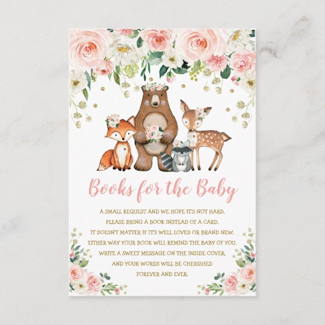 Blush Pink Floral Woodland Animals Books for Baby Enclosure Card (Front)