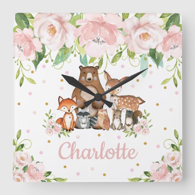 Blush Pink Floral Woodland Animals Girl Nursery Square Wall Clock (Front)