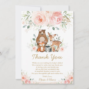 Blush Pink Floral Woodland Baby Shower Birthday Thank You Card