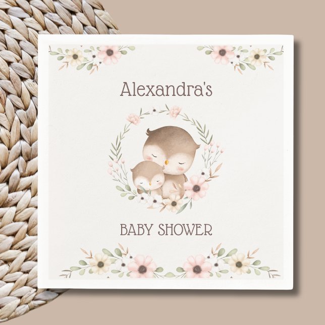 Blush Pink Floral Woodland Owl Baby Shower Napkin (Creator Uploaded)
