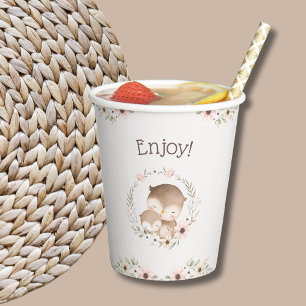 Blush Pink Floral Woodland Owl Baby Shower Paper Cups