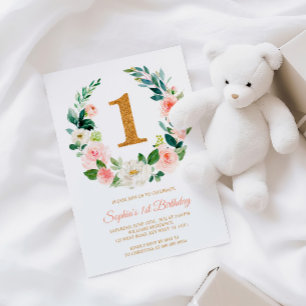 Blush Pink Floral Wreath 1st Birthday Invitation