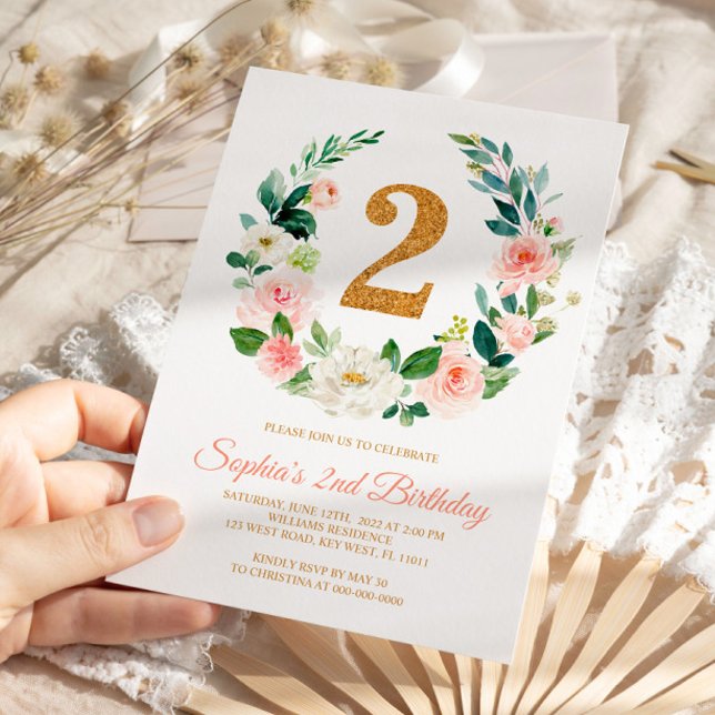 Blush Pink Floral Wreath 2nd Birthday Invitation (Creator Uploaded)