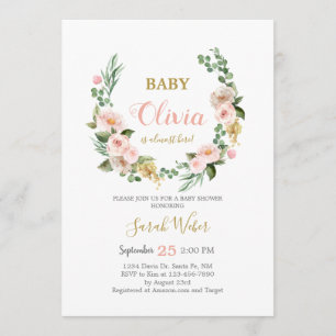 Blush pink floral wreath baby girl shower invitation