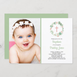 Blush Pink Floral wreath baptism photo invitation