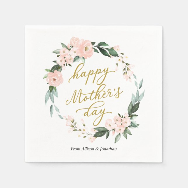 Blush Pink Floral Wreath Happy Mothers Day Napkin (Front)