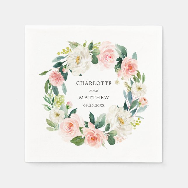 Blush Pink Floral Wreath Wedding Napkin (Front)