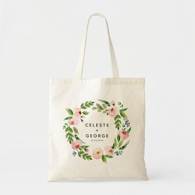 Blush pink floral wreath wedding tote bag (Front)