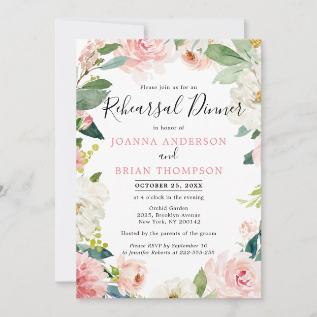 Blush Pink Florals Botanical Rehearsal Dinnner Invitation (Front)