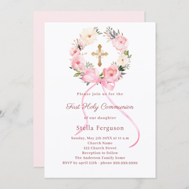 Blush pink florals bow cross First Communion Invitation (Front/Back)