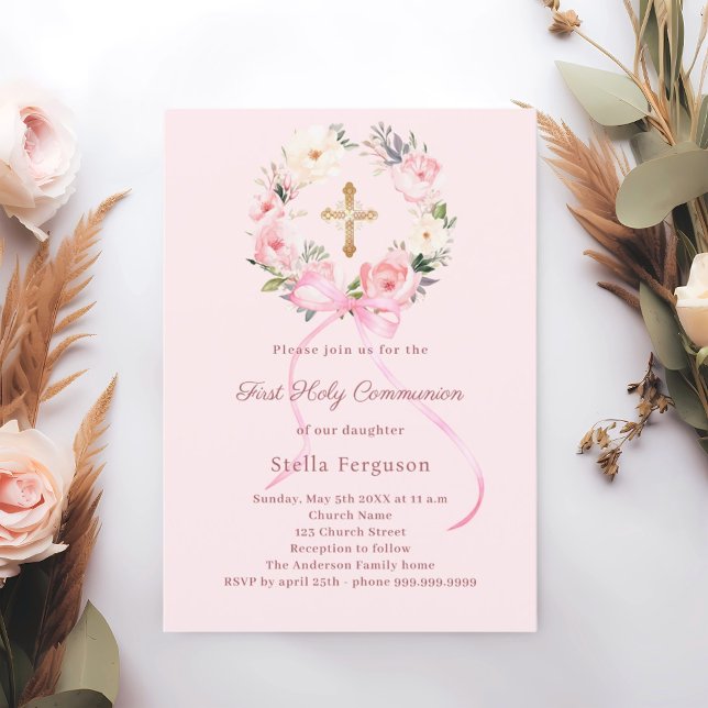 Blush pink florals bow cross First Communion Invitation (Creator Uploaded)