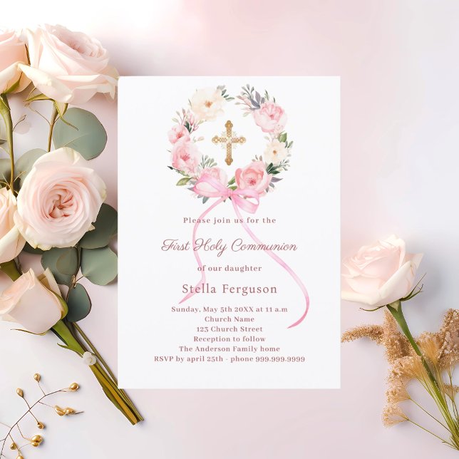 Blush pink florals bow cross First Communion Invitation (Creator Uploaded)