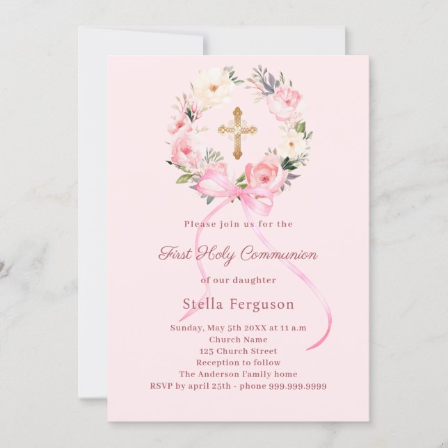Blush pink florals bow cross First Communion Invitation (Front)