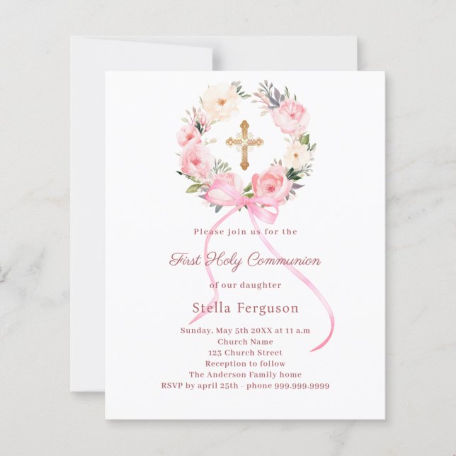 Blush pink florals bow First Communion invitation (Front)