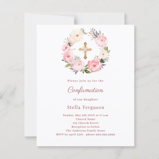 Blush pink florals cross Confirmation invitation (Front)