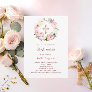 Blush pink florals cross Confirmation Invitation