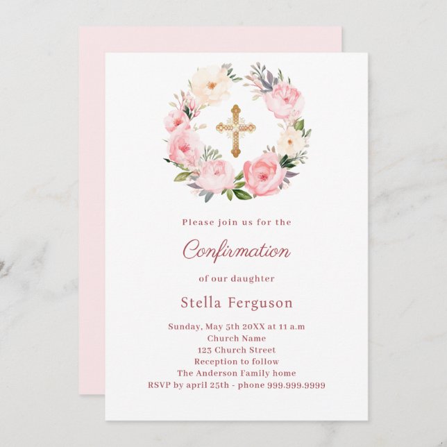 Blush pink florals cross Confirmation Invitation (Front/Back)