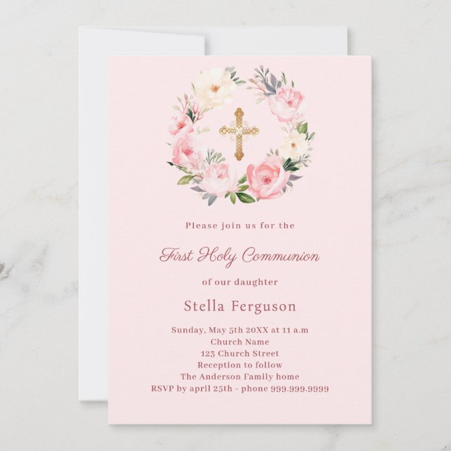 Blush pink florals cross First Communion Invitation (Front)