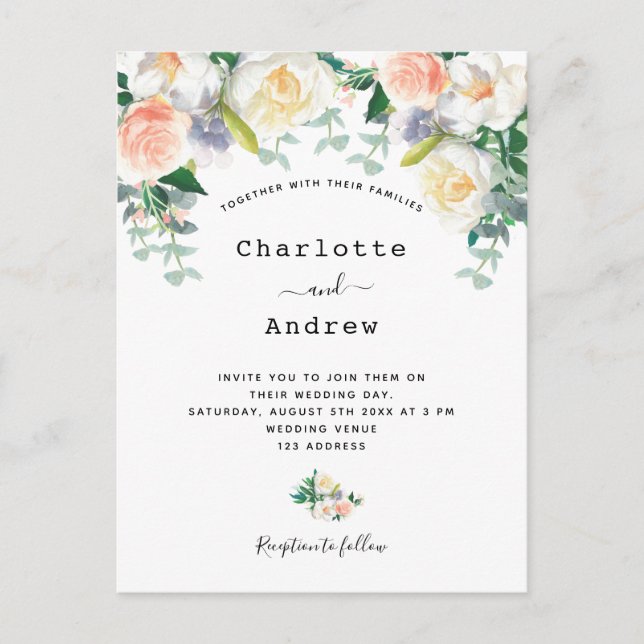 Blush pink florals eacalyptus sage green wedding postcard (Front)