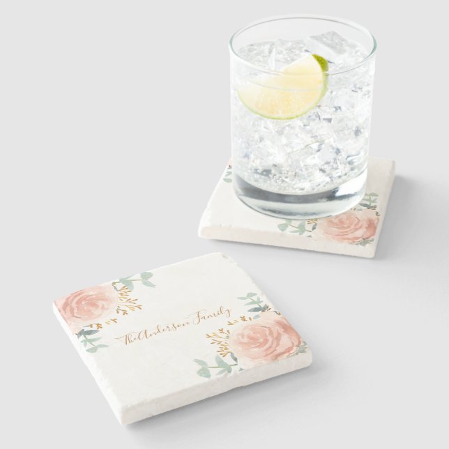 Blush pink florals eucalyptus gold glitter family stone coaster (Side)