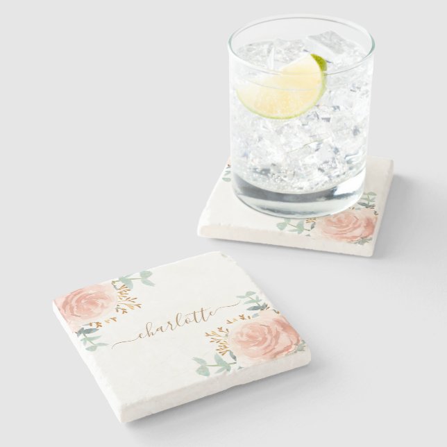 Blush pink florals eucalyptus gold glitter name  stone coaster (Side)