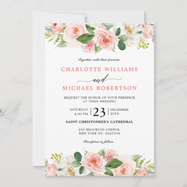 Blush Pink Florals Modern Botanical Wedding Invitation (Front)