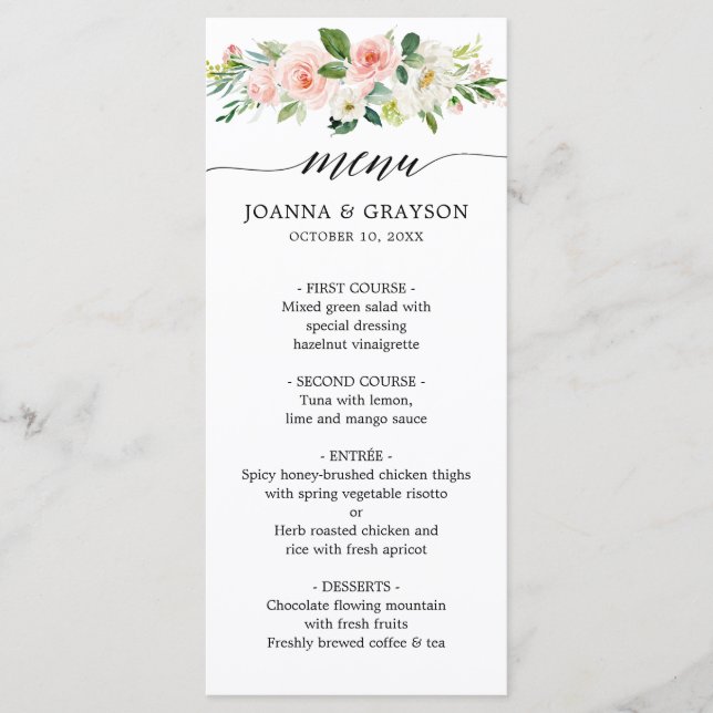 Blush Pink Florals Modern Botanical Wedding Menu (Front)