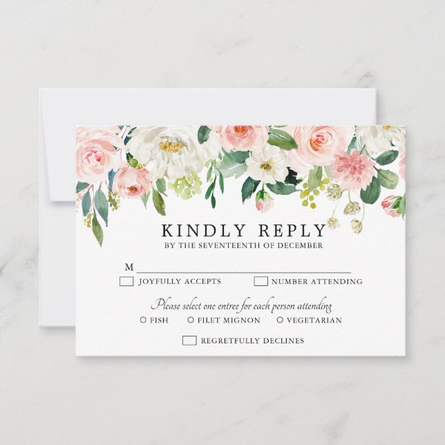 Blush Pink Florals Modern Botanical Wedding RSVP Card (Front)