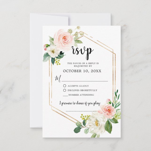 Blush Pink Florals Modern Geometric Gold Frame RSVP Card (Front)