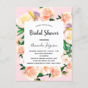 Blush pink florals rose gold bridal shower postcard