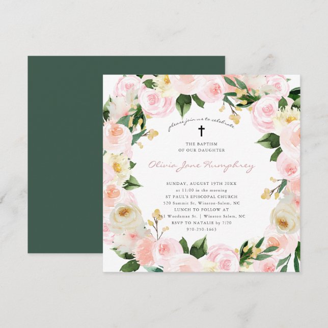 Blush Pink Florals | Spring Summer Floral Baptism Invitation (Front/Back)