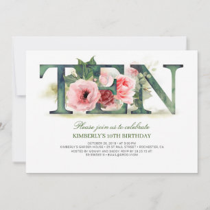 Blush Pink Florals TEN 10th Birthday Party Invitation