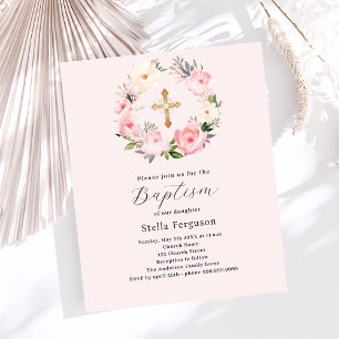 Blush pink florals wreath cross baptism invitation