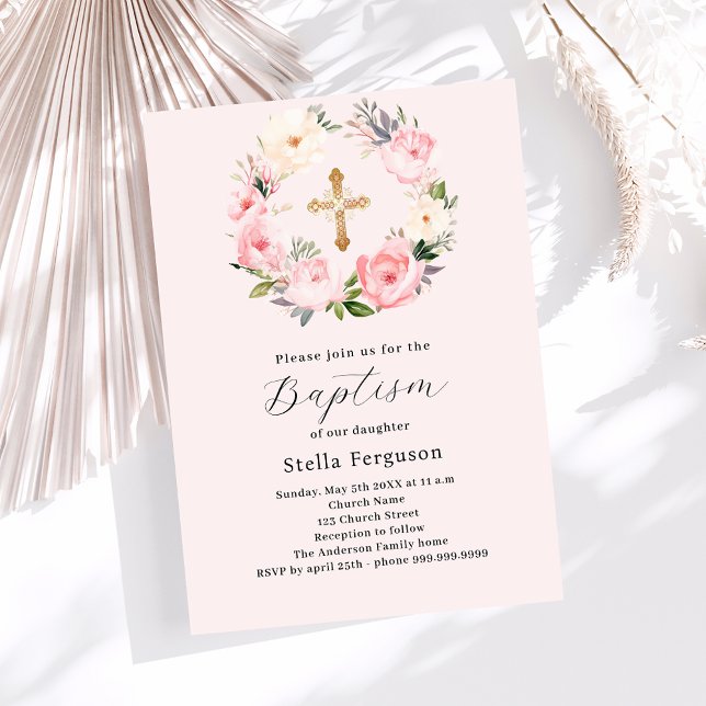 Blush pink florals wreath cross girl baptism invitation (Creator Uploaded)