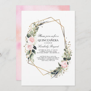 Blush Pink Flower and Gold Confetti Quinceanera Invitation