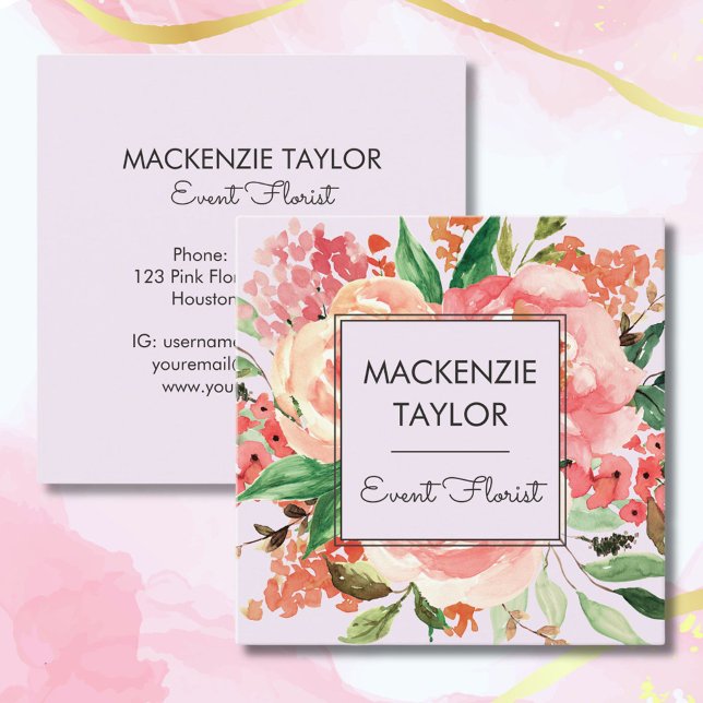 Blush Pink Flower Floral Bouquet Square Business Card (Front and Back)