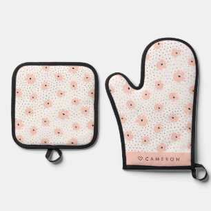 Blush Pink Flowers and Dots Pattern Personalized Oven Mitt & Pot Holder Set